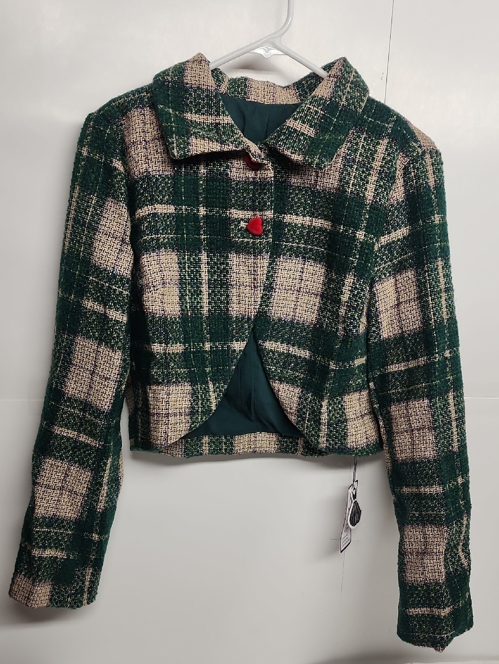 Retro Stage Womens Green & Cream Plaid Tweed Sparkle Vtg Insired Cropped Jacket